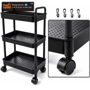 Carrinho Organizador Multiuso 3 Andares – Com Rodinhas 360°, Cestos, Fruteira, Estrutura Reforçada, Ganchos Laterais, Fácil de Montar, Ideal para Cozinha, Banheiro, Lavanderia, Escritório (PRETO) - Imagem 1