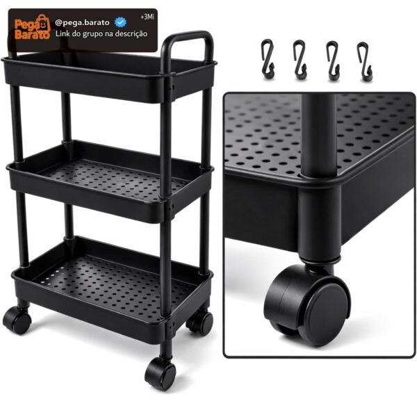 Carrinho Organizador Multiuso 3 Andares – Com Rodinhas 360°, Cestos, Fruteira, Estrutura Reforçada, Ganchos Laterais, Fácil de Montar, Ideal para Cozinha, Banheiro, Lavanderia, Escritório (PRETO)