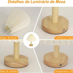 Luminária de Mesa para Quarto, Base de Madeira com Abajur Plissado, Lâmpada de Mesa LED Luz Noturna para Escritório, Sala, Quarto Infantil - Imagem 5