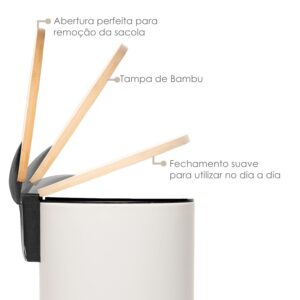 LYOR - Lixeira Redonda De Metal Com Pedal e Tampa Em Bambu Branca 3L - Imagem 3