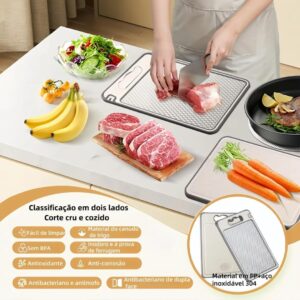 Tábua de Corte Inox Dupla Face com Afiador Integrado Antibacteriana Antiderrapante e Fácil de Limpar Ideal para Carnes, Frutas, Legumes e Churrasco - Imagem 6