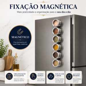 Porta Temperos Magnético Inox 6 Potes Base Triangular Dosador para Cozinha - Imagem 5