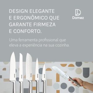 DOMEZ Jogo de Facas Cozinha 5 peças de Aço com Fio que Dura Mais, Design Ergonômico, Inclui Faca Chef, Pão, Descascar, Santoku, Churrasco Ergonômica Amolada Resistente à Ferrugem - Imagem 6
