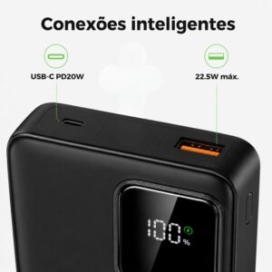 Carregador Portátil Power Bank 20000mAh Turbo 22.5W com Visor LED e Cabos Integrados - Carregamento Ultra Rápido PD, 2 Saída/Entrada USB Tipo-C e Lightning, Compatível com iPhone, Android, Notebook - Imagem 3
