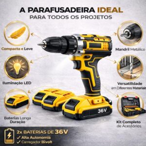 Furadeira e Parafusadeira de Impacto Sem Fio com LED 2 Baterias Recarregáveis Bi-volt e Acessórios Maleta Completa para Uso Profissional e Doméstico Linha Premium - Imagem 2