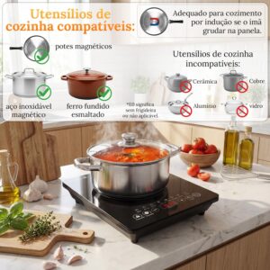 Cooktop de Indução Portátil, 220V, 2200W, 1 Boca, 9 Níveis de Potência, Temporizador 99 Minutos, Trava de Segurança, Preto - Imagem 8