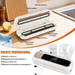 6 Em 1 Seladora Vacuo, Seladora A VáCuo Embalagens 90kpa, Seladora A VáCuo Para Alimentos PortáTil, 8 Vezes Mais Tempo, Tela Grande De Alta Definição, Com 10 Sacos Para VáCuo (Branco, 127, Volts) - Imagem 6