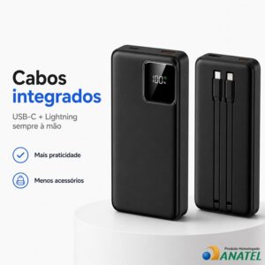Carregador Portátil Power Bank 20000mAh Turbo 22.5W com Visor LED e Cabos Integrados - Carregamento Ultra Rápido PD, 2 Saída/Entrada USB Tipo-C e Lightning, Compatível com iPhone, Android, Notebook - Imagem 5