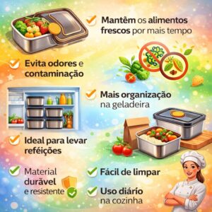 Kit 4 Potes Herméticos de Aço Inox 500ml com Tampa, Recipientes para Armazenar Alimentos, Marmita Inox, Potes para Geladeira e Cozinha, Vedação Segura - Imagem 5