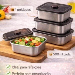 Kit 4 Potes Herméticos de Aço Inox 500ml com Tampa, Recipientes para Armazenar Alimentos, Marmita Inox, Potes para Geladeira e Cozinha, Vedação Segura - Imagem 8
