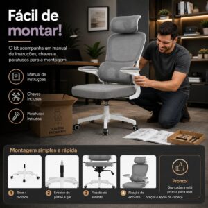 Cadeira de Escritório Suporte Lombar Ergonômico Malha Respirável Mesh Apoio Cabeça Confortavél Art Cadeiras Presidente Premium (Cinza e Branco) - Imagem 6