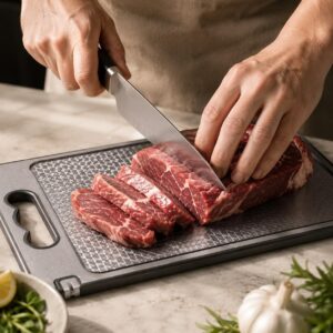 Tábua de Corte Inox Dupla Face com Afiador Integrado Antibacteriana Antiderrapante e Fácil de Limpar Ideal para Carnes, Frutas, Legumes e Churrasco - Imagem 2