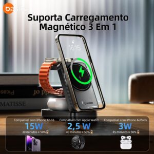 Basike Carregador Sem Fio 3 em 1 Magnético Dobrável Portátil Luz Noturna | Estação de Carregamento 2025, Compatível com MagSafe, iPhone 16/15/14/13/12, Apple Watch e AirPod (Preto) - Imagem 2
