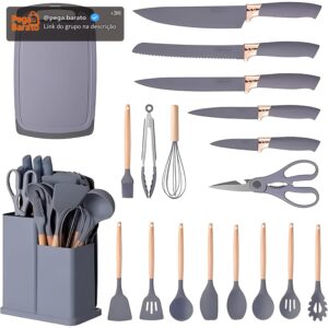 Utensilios Para Cozinha Silicone Kit 19 Peças Cabo Madeira Conjunto Completo Espátula Concha Colher Jogo Suporte Faca Antiaderente Tabua Tesoura Faqueiro PREMIUM (Cinza) - Imagem 1