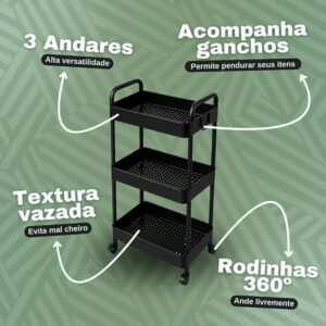 Carrinho Organizador Multiuso 3 Andares – Com Rodinhas 360°, Cestos, Fruteira, Estrutura Reforçada, Ganchos Laterais, Fácil de Montar, Ideal para Cozinha, Banheiro, Lavanderia, Escritório (PRETO) - Imagem 4