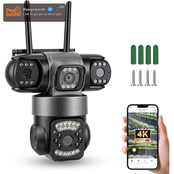 Câmera Tripla Inteligente 360° Segurança Wifi 4k Ultra Três Câmeras de 12 MP Definição e Conversação Bidirecional Rastreamento Inteligente de Movimento 110v/220v (Preto)
