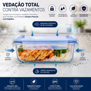 Kit 10 Potes de Vidro Herméticos 640ml com Tampa e 4 Travas | Marmitas Reutilizáveis | Vedação Total | Refratário para Forno, Micro-ondas, Freezer e Geladeira | Livre de BPA - Imagem 2