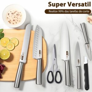Conjunto de 7 Facas Profissionais em Aço Inoxidável 3CR13, Ultra Afiadas (V-Sharp 15°), Lâminas Inteiriças, Antiferrugem, Design Ergonômico – Inclui Chef, Pão e Churrasco – Garantia de 10 Anos - Imagem 9