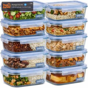 Kit 10 Potes de Vidro Herméticos 640ml com 4 Travas Ideal para Marmitas e Conservação de Alimentos, Vedação Total, Refratário para Forno e Freezer - Imagem 1
