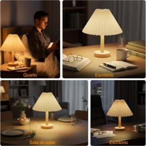 Luminária de Mesa para Quarto, Base de Madeira com Abajur Plissado, Lâmpada de Mesa LED Luz Noturna para Escritório, Sala, Quarto Infantil - Imagem 6