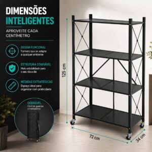 Estante Rack Aço Multiuso Prateleira Organizadora Modelo Industrial Reforçada Luxo Dobrável Decoração Apartamento Escritório Quarto Cozinha Sala Livros - 4 Prateleiras 125x71x34cm (Preto) - Imagem 2