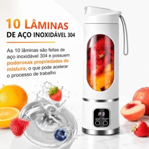 Liquidificador Portátil 500ml, Mixer Pessoal USB Recarregável com 3 Velocidades, 12 Lâminas de Aço Inoxidável para Sucos e Smoothies, Display Digital e Tampa à Prova de Vazamentos, Cor Branca - Imagem 5