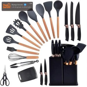 Utensilios Para Cozinha Silicone Kit 19 Peças Cabo Madeira Conjunto Completo Espátula Concha Colher Jogo Suporte Faca Antiaderente Tabua Tesoura Faqueiro PREMIUM (Preto) - Imagem 1