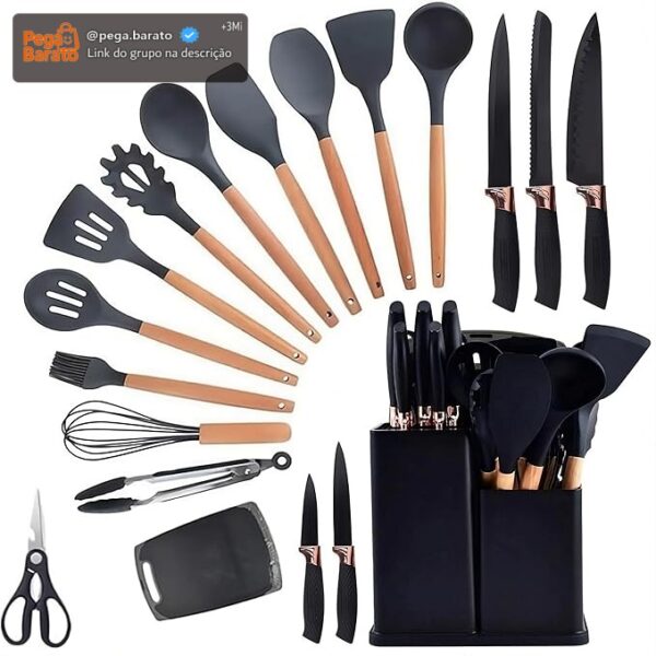 Utensilios Para Cozinha Silicone Kit 19 Peças Cabo Madeira Conjunto Completo Espátula Concha Colher Jogo Suporte Faca Antiaderente Tabua Tesoura Faqueiro PREMIUM (Preto)