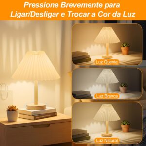 Luminária de Mesa para Quarto, Base de Madeira com Abajur Plissado, Lâmpada de Mesa LED Luz Noturna para Escritório, Sala, Quarto Infantil - Imagem 3