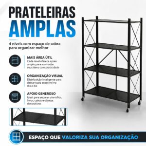 Estante Rack Aço Multiuso Prateleira Organizadora Modelo Industrial Reforçada Luxo Dobrável Decoração Apartamento Escritório Quarto Cozinha Sala Livros - 4 Prateleiras 125x71x34cm (Preto) - Imagem 5