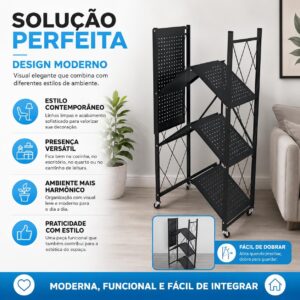 Estante Rack Aço Multiuso Prateleira Organizadora Modelo Industrial Reforçada Luxo Dobrável Decoração Apartamento Escritório Quarto Cozinha Sala Livros - 4 Prateleiras 125x71x34cm (Preto) - Imagem 7