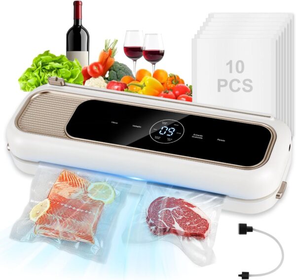 6 Em 1 Seladora Vacuo, Seladora A VáCuo Embalagens 90kpa, Seladora A VáCuo Para Alimentos PortáTil, 8 Vezes Mais Tempo, Tela Grande De Alta Definição, Com 10 Sacos Para VáCuo (Branco, 127, Volts)