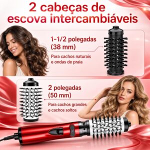 Escova Secadora Rotativa 3 Em 1 Com Cabeça de Substituição Preta, Escova Secadora Modeladora Bivolt, 1200w, Cabo de Alimentação Com Rotação de 360°(Vermelho) - Imagem 4