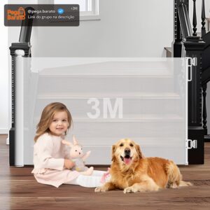 3m Portão Grade Retrátil de Proteção para Bebês e Cachorros, Portaozinho de Escada Instalação Sem Furos, Trava Dupla,Operação com uma mão,Portao Segurança Bebê Pet, Cercado para Cachorros - Imagem 1