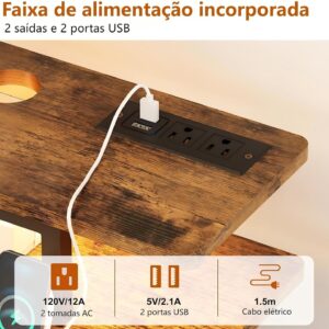 Escrivaninha Mesa para Computador, Mesa para Escritório de 2 Níveis com Tomada Integrada e Espaço de Armazenamento Lateral, Ideal para Home Office e Jogos, Cor Marrom - Imagem 4