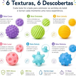 Kit Bolas Sensoriais para Bebê 6 Peças em Silicone Coordenação Motora | Brinquedo Montessori Educativo com Texturas, Mordedor Infantil - Imagem 3