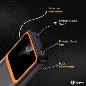 Carregador Portátil (Power Bank) 20000Mah Turbo 22.5w Carregamento Ultra Rápido PD Visor Led com 2 Saídas Compatível com Android e IOS (Preto) - Imagem 3