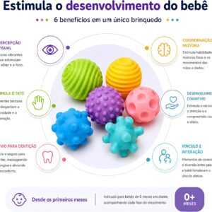 Kit Bolas Sensoriais para Bebê 6 Peças em Silicone Coordenação Motora | Brinquedo Montessori Educativo com Texturas, Mordedor Infantil - Imagem 4