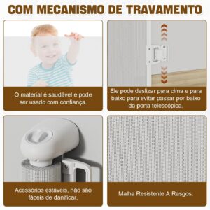 3m Portão Grade Retrátil de Proteção para Bebês e Cachorros, Portaozinho de Escada Instalação Sem Furos, Trava Dupla,Operação com uma mão,Portao Segurança Bebê Pet, Cercado para Cachorros - Imagem 8