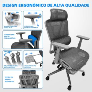 Cadeira de Escritório Ergonômica com Suporte Lombar, Encosto em Mesh Transpirável Braços 3D Aajustáveis e Apoio de Cabeça Regulávell, para Home Office Gamer, Textura Vazada de Relâmpago - Imagem 4