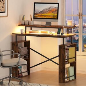 Escrivaninha Mesa para Computador, Mesa para Escritório de 2 Níveis com Tomada Integrada e Espaço de Armazenamento Lateral, Ideal para Home Office e Jogos, Cor Marrom - Imagem 7
