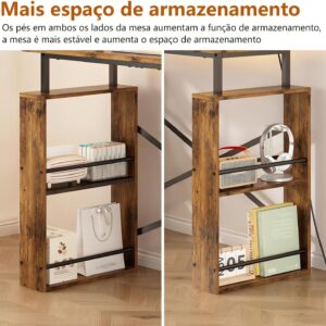 Escrivaninha Mesa para Computador, Mesa para Escritório de 2 Níveis com Tomada Integrada e Espaço de Armazenamento Lateral, Ideal para Home Office e Jogos, Cor Marrom - Imagem 5