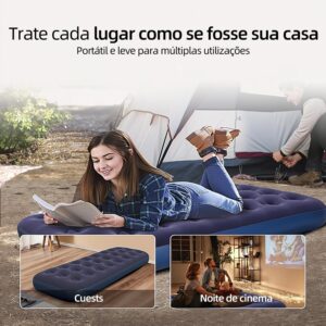 Colchão Inflável Solteiro Azul 186x76x22cm, Colchão de Ar em PVC com Revestimento de Flanela, Colchonete Inflável com Estrutura Honeycomb - Imagem 7