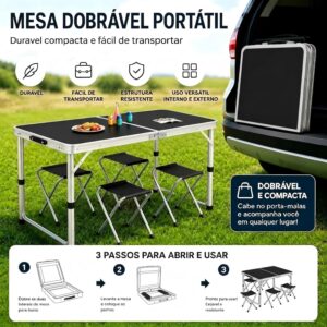BEMMY Mesa Dobravel Portatil de Liga de Alumínio 120CM com 4 Banquinhos Pequenos, Escrivaninha Dobravel Maleta para Camping Pesca Jardim Área Externa Ou Interna - Imagem 4