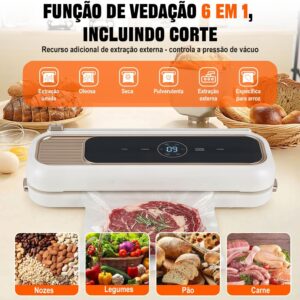 6 Em 1 Seladora Vacuo, Seladora A VáCuo Embalagens 90kpa, Seladora A VáCuo Para Alimentos PortáTil, 8 Vezes Mais Tempo, Tela Grande De Alta Definição, Com 10 Sacos Para VáCuo (Branco, 127, Volts) - Imagem 3