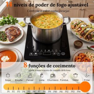 Cooktop de Indução Portátil, 220V, 2200W, 1 Boca, 9 Níveis de Potência, Temporizador 99 Minutos, Trava de Segurança, Preto - Imagem 4