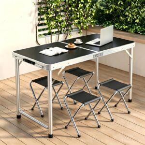 BEMMY Mesa Dobravel Portatil de Liga de Alumínio 120CM com 4 Banquinhos Pequenos, Escrivaninha Dobravel Maleta para Camping Pesca Jardim Área Externa Ou Interna - Imagem 8
