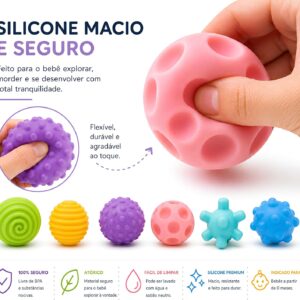 Kit Bolas Sensoriais para Bebê 6 Peças em Silicone Coordenação Motora | Brinquedo Montessori Educativo com Texturas, Mordedor Infantil - Imagem 5