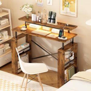 Escrivaninha Mesa para Computador, Mesa para Escritório de 2 Níveis com Tomada Integrada e Espaço de Armazenamento Lateral, Ideal para Home Office e Jogos, Cor Marrom - Imagem 8