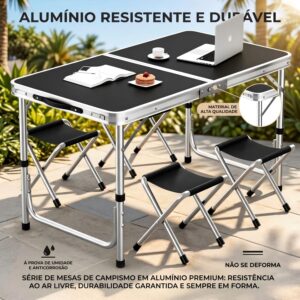BEMMY Mesa Dobravel Portatil de Liga de Alumínio 120CM com 4 Banquinhos Pequenos, Escrivaninha Dobravel Maleta para Camping Pesca Jardim Área Externa Ou Interna - Imagem 9